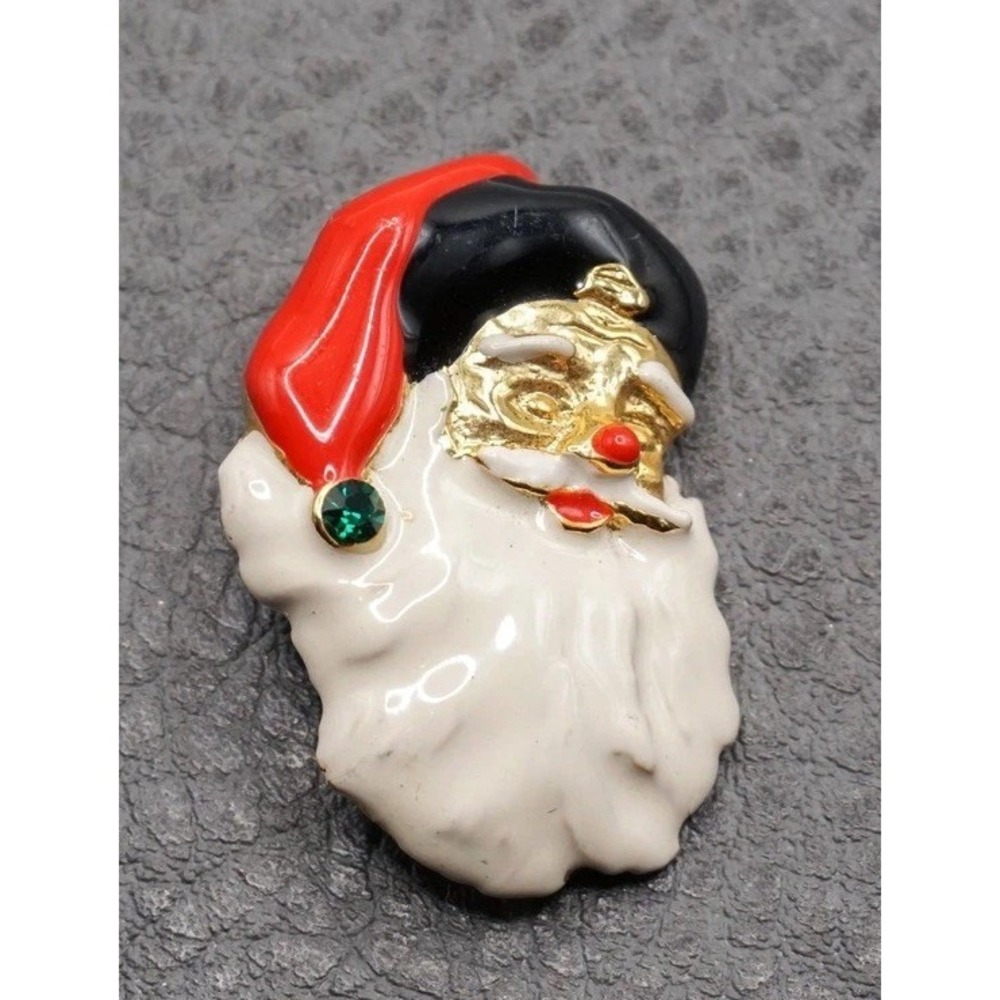 Vintage Santa Claus Brooch Enamel Red Green Gold Tone